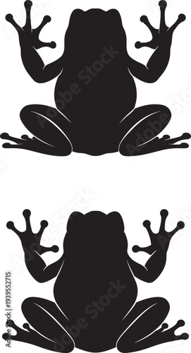 Silhouette of two frogs in sitting position facing away and towards