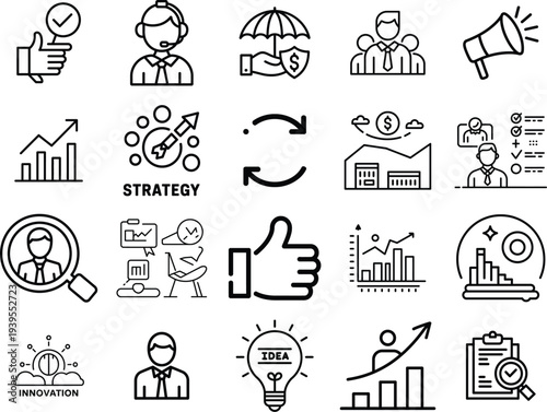 Business Growth and Strategy Icons: Success, Innovation, Team