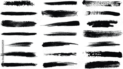 Collection of black brush strokes on a white background for artistic and design purposes