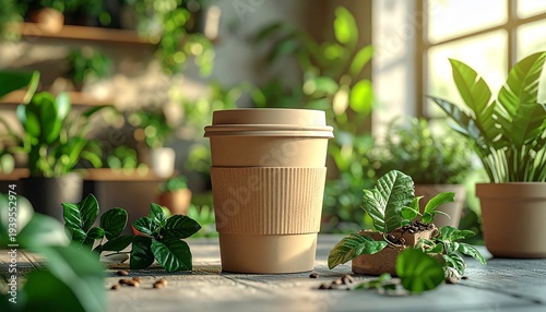 Eco-Friendly Coffee Cup Surrounded by Lush Green Plants.