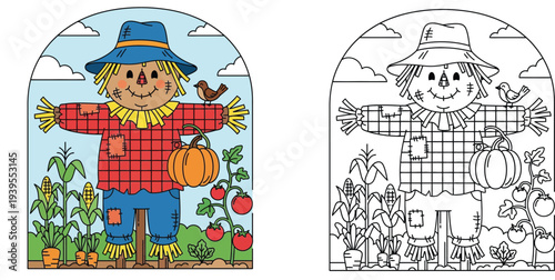 Scarecrow coloring book page for kids. Autumn harvest garden with pumpkin, corn and tomatoes. Colored vector illustration and black and white line art.