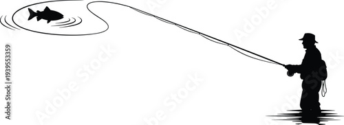 Fly fishing silhouette illustration, fisherman artwork, outdoor recreation graphic, angler design, sport fishing clipart, nature icon, adventure element, water activity symbol, leisure artwork