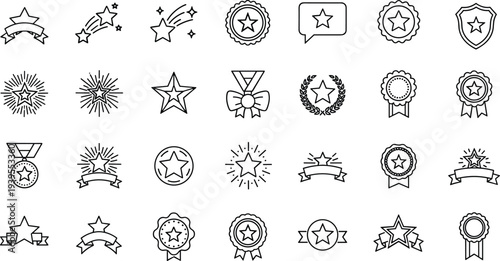 Set of line star icons including medals, badges, ribbons, and awards, minimalist black outline achievement symbols isolated on white background, vector illustration.