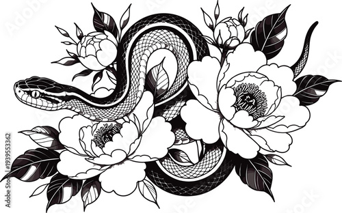 Intricate black and white illustration of snake entwined with blooming peony flowers and detailed leaves, symbolizing transformation, beauty, danger, and natural harmony in fine line art
