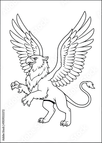 Mythology coloring page of a powerful griffin with large wings standing on its hind legs