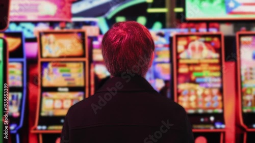 Man walking inside a casino, slot machines, gambling in las vegas, poker and slots playing, hotel with casino lobby. Bad habbits.
