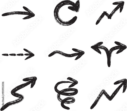 A collection of diverse hand-drawn brushstroke arrow vector graphics for various directional indications, artistic design elements, and dynamic navigation signs, perfect for web, print, and infographi