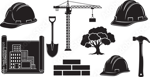 Construction site icons and tools for building projects