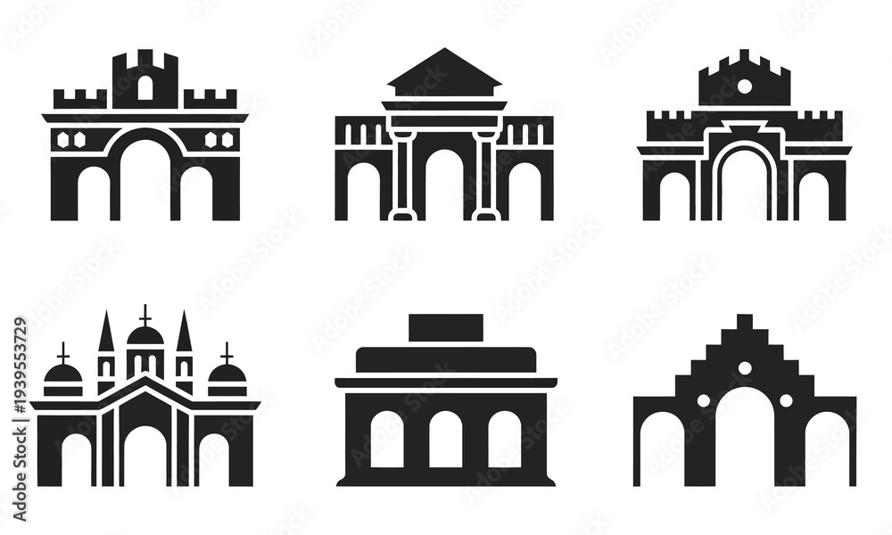 Obraz premium Set of Monumental Arch and City Gate Silhouettes, vector illustration collection representing historical landmarks, triumphal architecture, and classical urban design, 