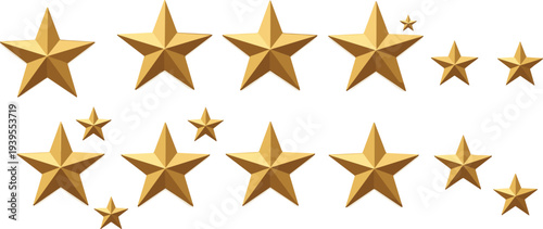 Golden star illustrations, shiny decorative icons, rating symbols, achievement graphics, ranking clipart, award elements, success design, quality marks, festive artwork, celebration