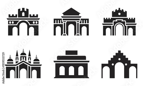 Set of Monumental Arch and City Gate Silhouettes, vector illustration collection representing historical landmarks, triumphal architecture, and classical urban design, 