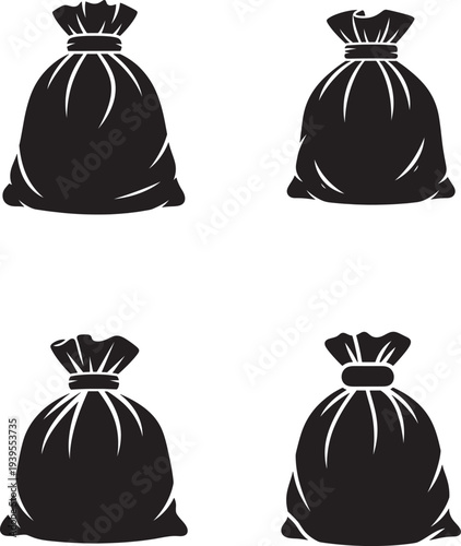 Four black trash bags with tied tops in silhouette style