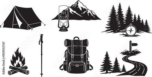 Camping and hiking icons in black and white color