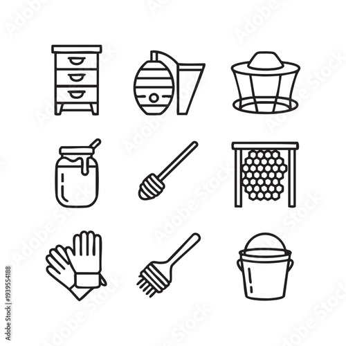 Black and white of honey extraction and beekeeping equipment hive extractor bucket