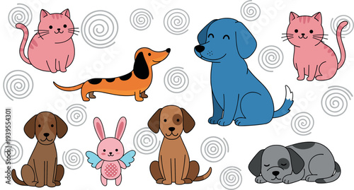 Cute cartoon pets vector collection with cats dogs rabbit characters adorable animals set for kids illustration