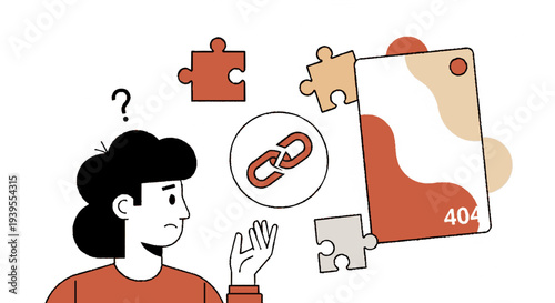 Woman with puzzle pieces and broken link concept on white background