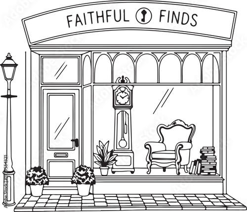 Vintage vector illustration of an old Paris street cafe facade with a classic shop front and building windows at morning in the city