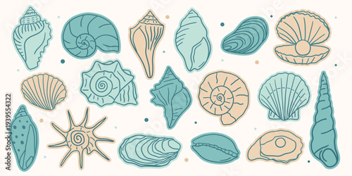 Hand drawn seashell sticker collection. Coastal ocean shell set with conch, scallop, nautilus, oyster, clam and spiral shells. Minimal line art beach elements for summer design.