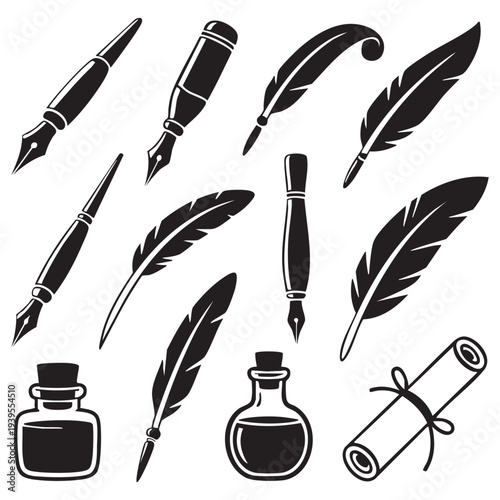 Black and white quill pens, ink bottles, and feathers in vintage style