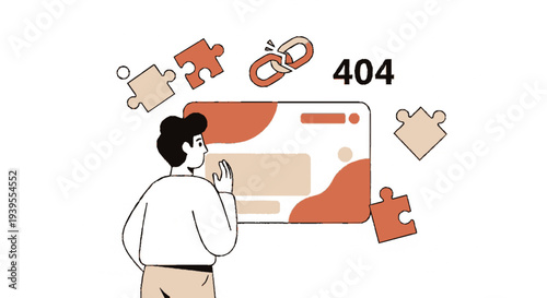Man facing error 404 page with puzzle pieces and broken link on screen