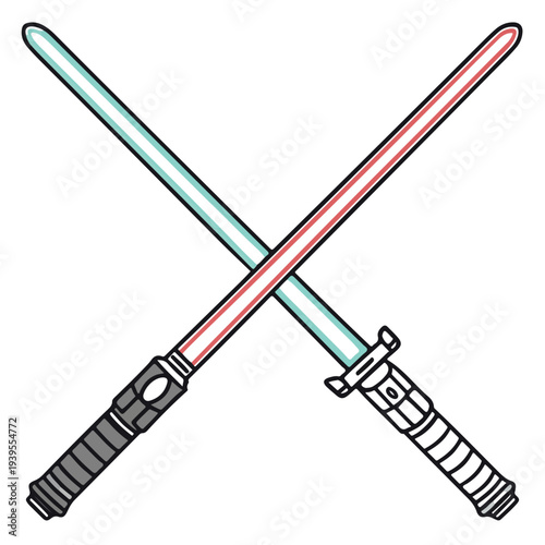 Two iconic light sabers, one crimson, the other cerulean, cross, symbolizing a battle of skill and power in the depths of space.