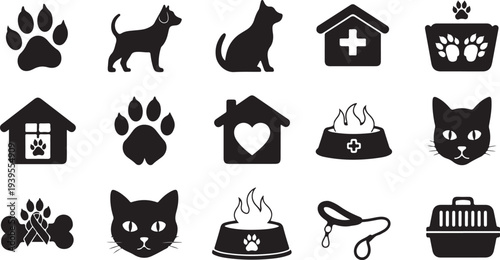 Black Cat and Dog Silhouette Icons for Pet Care
