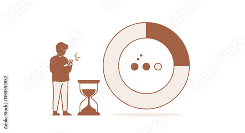 Man analyzes data chart with hourglass on white background symbolizing time management and productivity