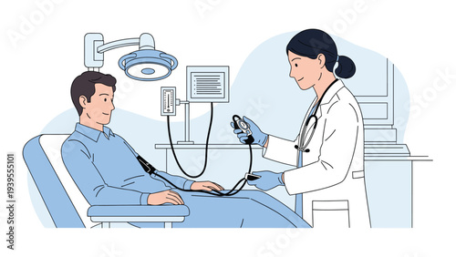Professional female doctor in a white coat measuring the blood pressure of a male patient in a clean medical clinic room.