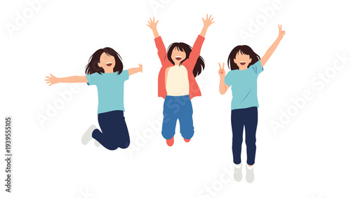 Three happy young girls jumping together with their arms raised and peace signs, celebrating with great excitement and joy.