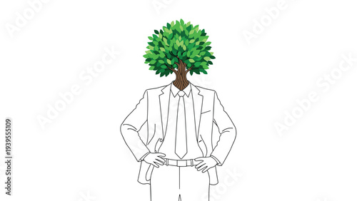 Surreal illustration of a professional man in a white suit with a green leafy tree growing where his head should be on his body.