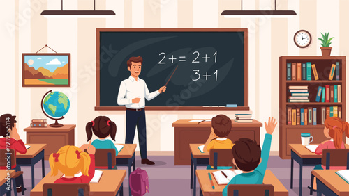 Male teacher standing in front of a blackboard and explaining simple mathematics to a group of elementary students in a classroom.
