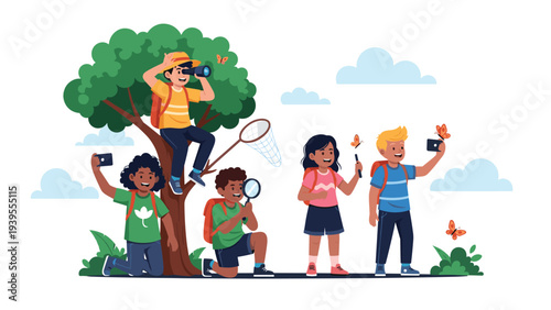 Group of diverse children exploring nature in a park using binoculars, magnifying glasses, and cameras to observe butterflies.