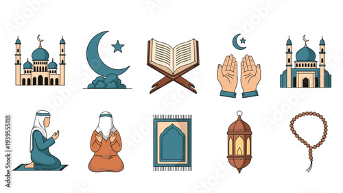 Collection of Islamic religious symbols including mosques, Quran, praying hands, prayer beads, and traditional Ramadan lanterns.
