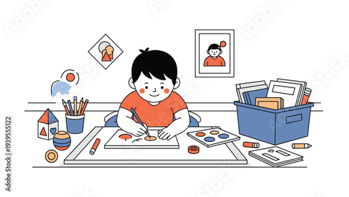 Young boy sitting at his desk and concentrating on drawing a colorful picture with crayons and art supplies in a cozy room.