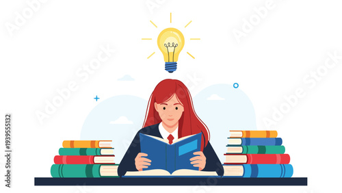 Student woman reading a book with many more books stacked around her and a glowing light bulb above her head representing an idea.