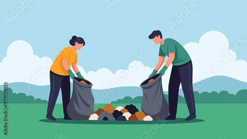 Two volunteers, a man and a woman, working together to pick up garbage and put it into bags in a green outdoor mountain field.