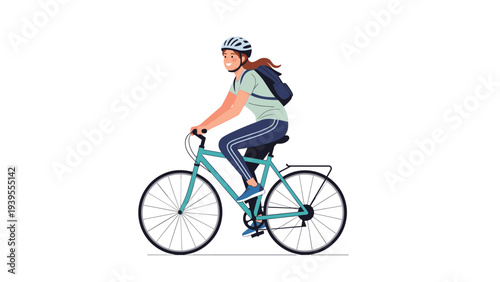 Smiling young woman wearing a helmet and backpack while riding a turquoise bicycle on a clean white background during her commute.