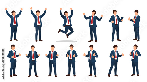Large set of businessman characters in various positive poses like jumping, cheering, giving thumbs up, and celebrating great success.