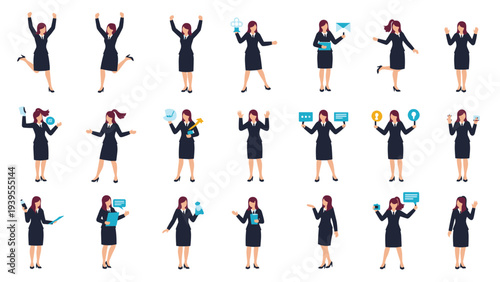 Diverse collection of businesswoman characters showing different actions, gestures, and professional poses in a corporate work style.