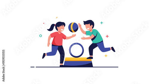 Two children, a boy and a girl, having fun while playing with a ball and a hoop in an active and colorful outdoors environment.