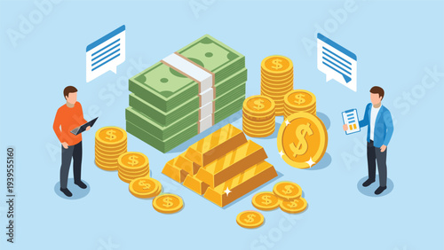 Two men managing their wealth, represented by large stacks of paper money, gold bars, and golden coins in an isometric office view.