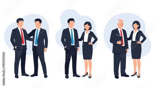 Group of professional businessmen and businesswomen standing together in teams, representing partnership and corporate hierarchy.