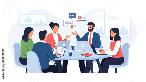 Group of five professional colleagues sitting around a circular table during a productive business meeting with laptops and notes.