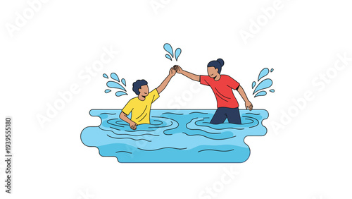Friends celebrate their victory while swimming in the blue ocean and giving each other a high-five under the bright summer sun.
