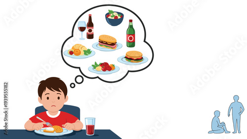 Young boy sits at the table feeling hungry and imagining different delicious food items like burgers, pizza, and fresh salads.