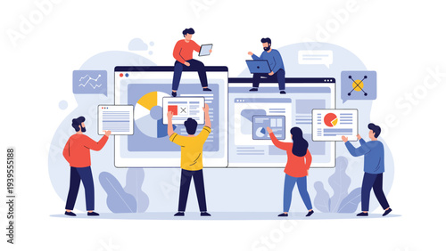 Collaborative team of professionals works together to analyze complex data sets on large interactive digital dashboard screens.
