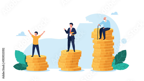 Illustration shows the stages of life and financial growth with a boy, man, and senior standing on stacks of golden coins.