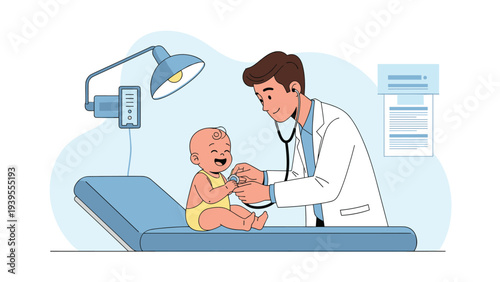 Professional male pediatrician uses a stethoscope to check the heartbeat of a happy baby during a routine medical examination.
