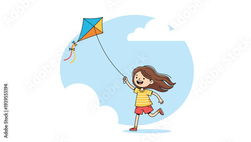 Cheerful young girl with long hair runs happily across the field while flying a bright blue and yellow kite in the windy sky.