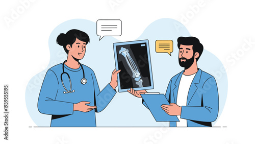 Medical professionals discuss a patient's condition while examining a detailed leg x-ray scan in a modern hospital environment.